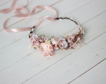 Blush pink peach flower crown  Baby crown Flower girl crown Toddler Bridal Bridesmaid Wedding hair piece Boho hair wreath Maternity crown