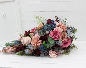 Cascading bouquet Burgundy wedding Burgundy dusty rose blue bouquet Bridesmaid flowers Bridal flowers Wedding flowers