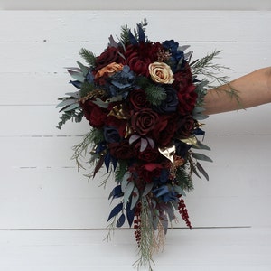 Winter cascading bouquet Burgundy navy blue gold bouquet Faux cones bouquet Classic wedding Burgundy silk flowers Boho wedding Pampas grass image 1