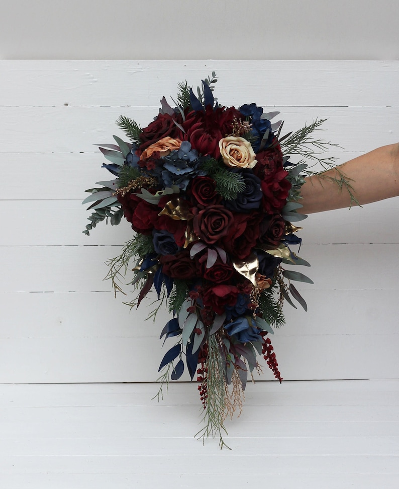 Winter cascading bouquet Burgundy navy blue gold bouquet Faux cones bouquet Classic wedding Burgundy silk flowers Boho wedding Pampas grass image 1