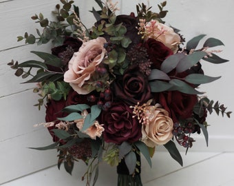 Purple burgundy beige black bouquet Bridal flowers Faux bouquet Fall wedding Wedding Silk flowers Halloween wedding-size 10 inch