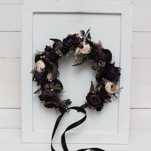 Halloween flower crown Deep purple black beige gold wedding Flower girl crown Bridal headpiece  Hair wreath Bridesmaid crown Maternity