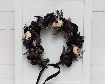 Halloween flower crown Deep purple black beige gold wedding Flower girl crown Bridal headpiece  Hair wreath Bridesmaid crown Maternity