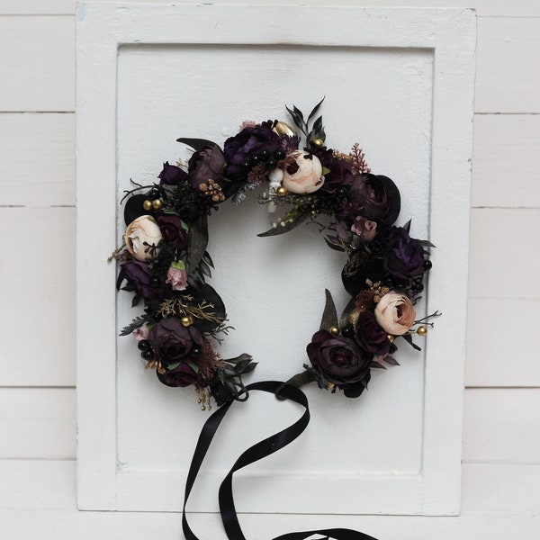 Halloween flower crown Deep purple black beige gold wedding Flower girl crown Bridal headpiece  Hair wreath Bridesmaid crown Maternity