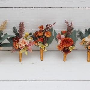 Boho flowers Orange rust peach boutonnieres Flower accessories Boutonniere Buttonhole Wedding flowers Groom Groomsmen Fall