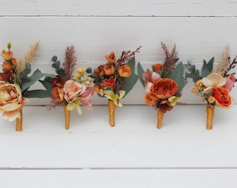 Boho flowers Orange rust peach boutonnieres Flower accessories Boutonniere Buttonhole Wedding flowers Groom Groomsmen Fall