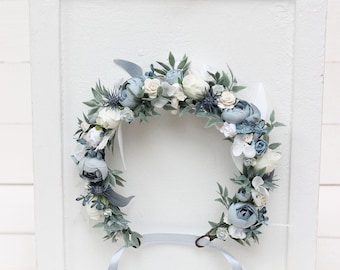 Dusty blue white flower crown Floral crown Flower headpiece Maternity Bridal hair wreath Flower girl Bridesmaid Hair flowers