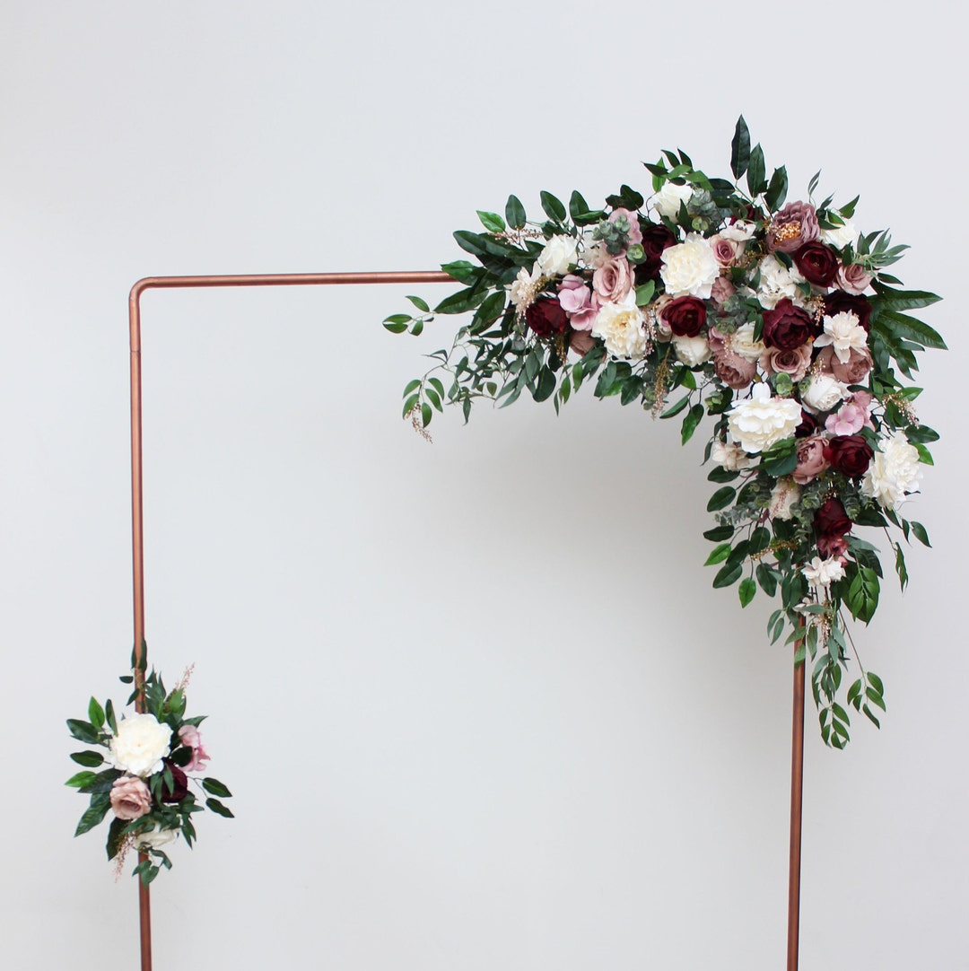 Set of Two Flower Arch Arrangement Burgundy Dusty Rose Cream Boho