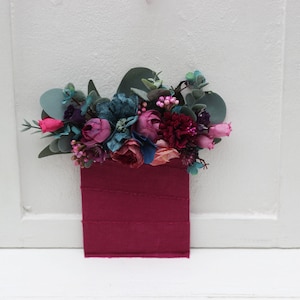 Pocket boutonniere Jewel-tone wedding Emerald green purple magenta teal flowers Boutonniere Buttonhole Wedding flowers Groom Groomsmen