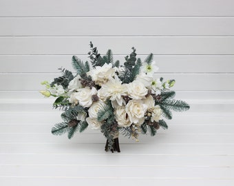 Bouquet de mariée Faux bouquet Mariage d’hiver Bouquet de pins et de roses Bouquet de pommes de pin Bouquet de mariage blanc Mariage de Noël