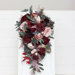 Cascading bouquet Burgundy wedding Pink peonies Red roses bouquet Bridesmaid flowers Bridal flowers Fall wedding bouquet