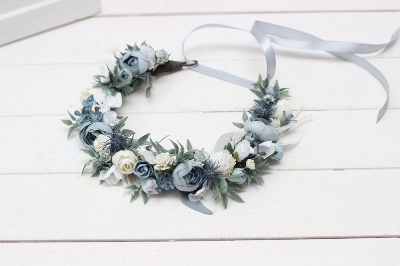 Dusty blue white flower crown Floral crown Flower headpiece Maternity Bridal hair wreath Flower girl Bridesmaid Hair flowers image 6