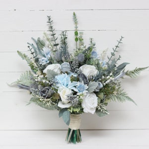 Dusty blue white bridal bouquet Spring bouquet Bridesmaid flowers Pale blue winter wedding flowers Boho wedding Bridesmaid bouquet