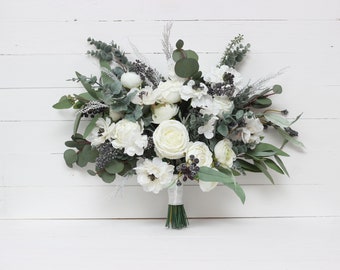White anemone  bouquet  Bridal bouquet Faux bouquet Classic wedding Wedding flowers Silk flowers Boho wedding-size 18 inch