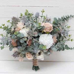 White peony anemone beige rose bouquet Blue thistle bridal bouquet Faux bouquet Classic wedding Wedding flowers Faux blooms -16 inch