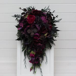 Cascading bouquet Purple black magenta green bouquet Bridal faux bouquet Fall wedding Halloween Gothic wedding