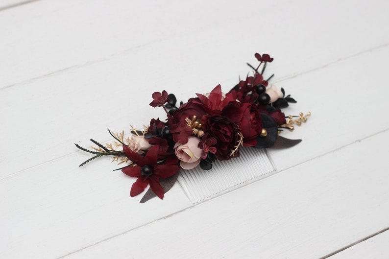 Halloween wedding Burgundy black gold beige flower comb Fall wedding Floral comb Burgundy comb 0018 image 3