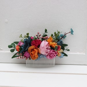 Jewel-tone wedding Emerald green orange magenta teal flowers Boho wedding Flower comb Floral hairpiece