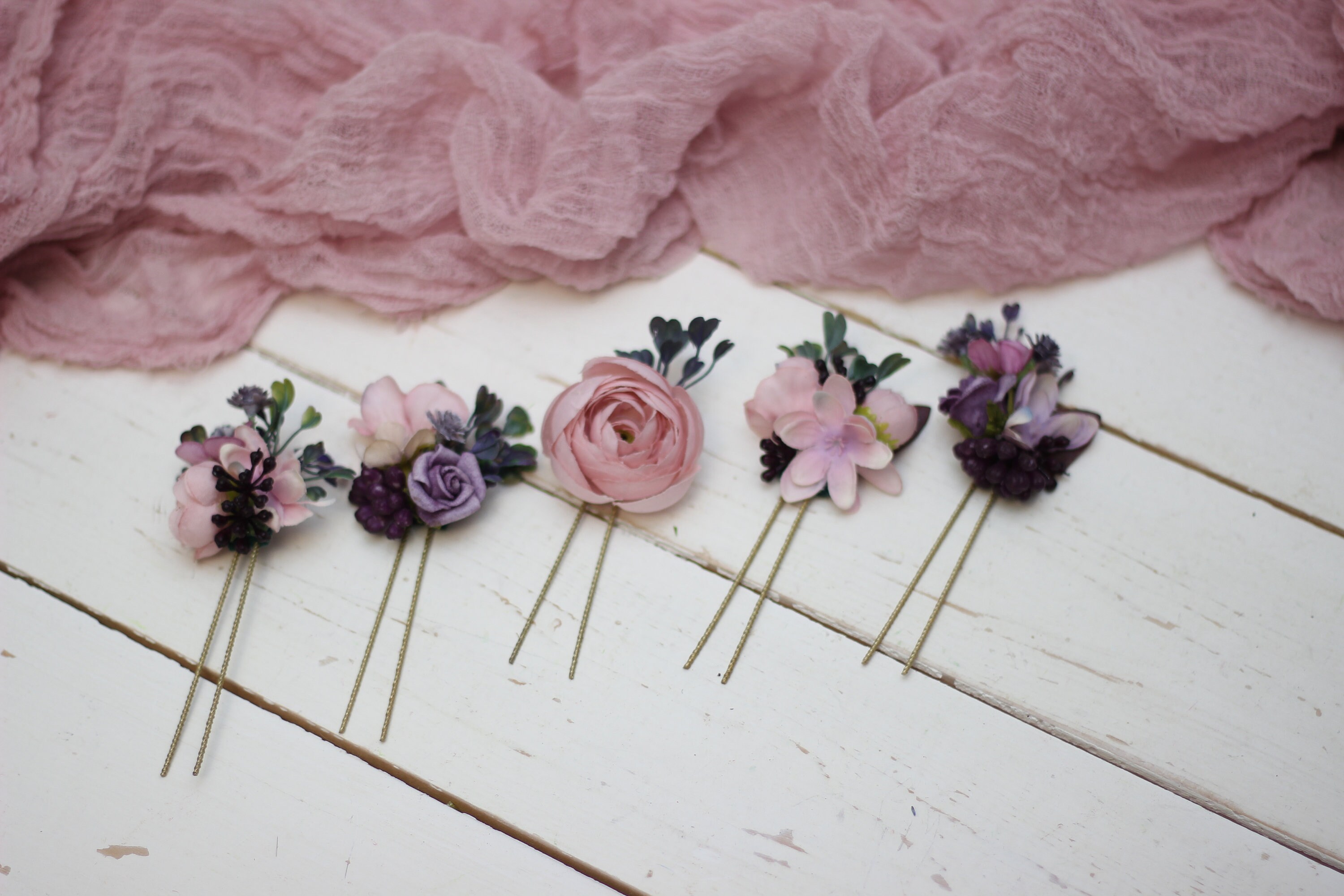 Set of 5 Blush pink hair pins Lilac flower pins Bridal hairp - Inspire  Uplift