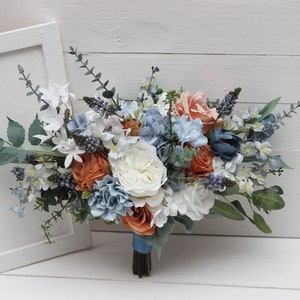 Spring summer wedding White terracotta dusty blue flowers Faux bouquet Bridal bouquet Silk flowers Boho wedding