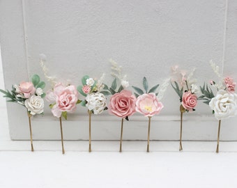 Set of 7 bobby pins Pink white accessories Bridal hairpiece Wedding flowers Floral hair pins White floral bobby pins