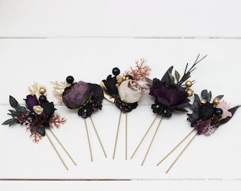 Set of 5 hair pins Deep purple black gold beige flowers Fall wedding Bridal flowers Flower hair pins Halloween wedding Hairpiece Bridesmaid