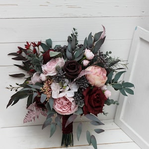 Burgundy wedding - Pink peonies Red roses bouquet Bridesmaid flowers Bridal flowers Fall wedding bouquet