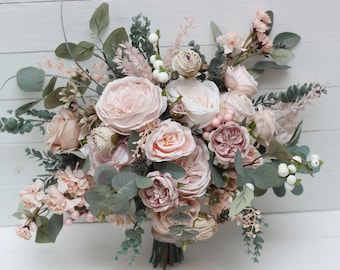 Blush pink eucalyptus Bridal bouquet Faux bouquet  Wedding flowers  Boho wedding bouquet Outdoor  - Width 16 inch