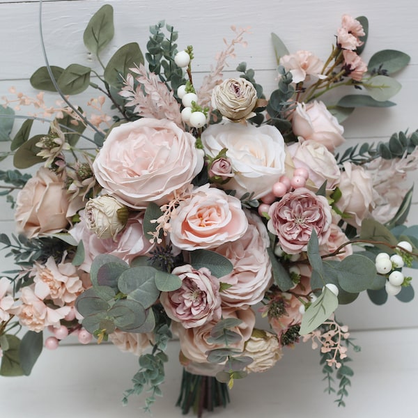 Blush pink eucalyptus Bridal bouquet Faux bouquet  Wedding flowers  Boho wedding bouquet Outdoor  - Width 16 inch