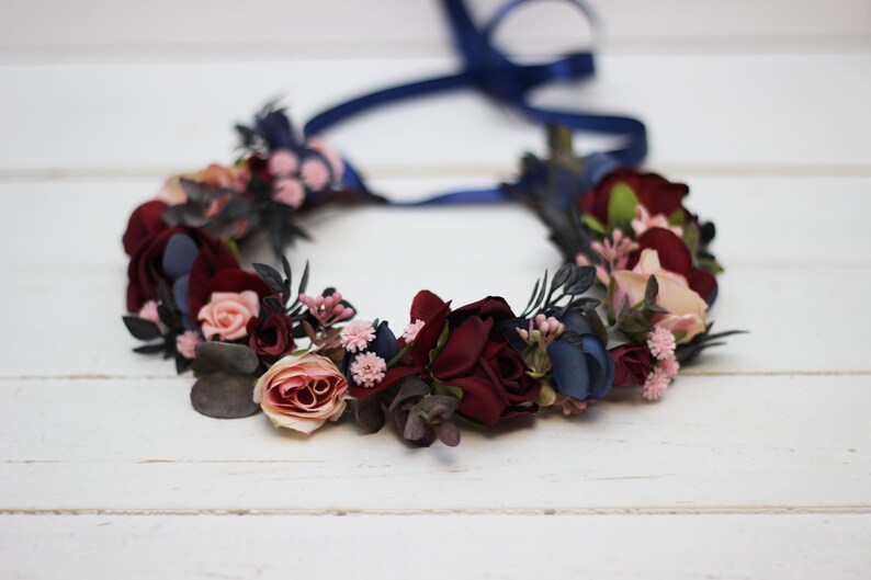 Burgundy blush pink navy blue flower crown Maroon headpiece image 1