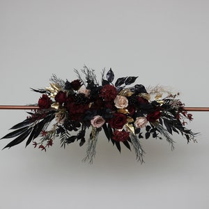 Burgundy black gold beige arch  arrangement Halloween wedding Boho wedding flowers Faux flowers wedding arrangement
