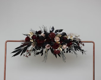 Burgundy black gold beige arch  arrangement Halloween wedding Boho wedding flowers Faux flowers wedding arrangement