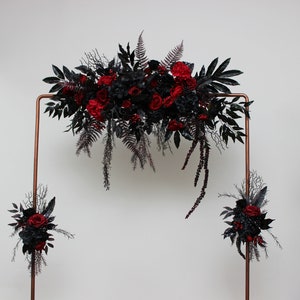 Set of 3 wedding arrangement Halloween gothic wedding  Red black flowers Flower arch top arrangement Faux flowers  Flower archway