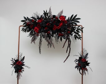 Set of 3 wedding arrangement Halloween gothic wedding  Red black flowers Flower arch top arrangement Faux flowers  Flower archway