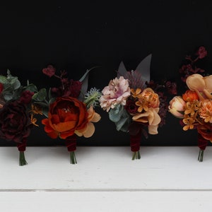 Boho flowers Rust burgundy ivory boutonnieres Flower accessories Boutonniere Buttonhole Wedding flowers Groom Groomsmen Fall