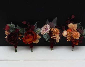 Boho flowers Rust burgundy ivory boutonnieres Flower accessories Boutonniere Buttonhole Wedding flowers Groom Groomsmen Fall