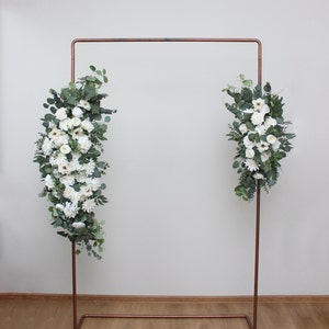 White classic wedding White flower arch arrangement  Wedding flowers Faux flowers Wedding florals Arbor flowers Sign flowers