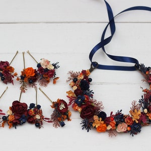 Flower crown Orange burgundy navy blue Fall wedding Hair accessories Bridal flowers Flower girl crown