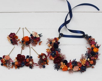 Flower crown Orange burgundy navy blue Fall wedding Hair accessories Bridal flowers Flower girl crown