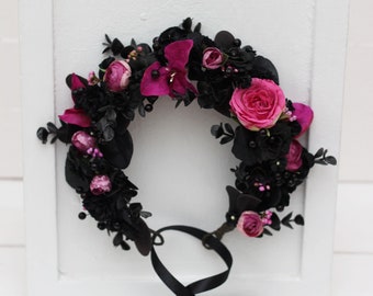 Deep purple black magenta floral crown Flower girl crown Bridal headpiece  Hair wreath Bridesmaid crown Maternity crown