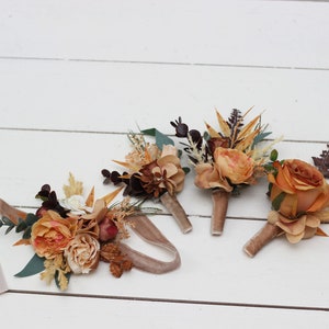 Rust brown ivory flowers  Fall wedding Fiance Groom Groomsmen buttonhole Mother wrist corsage Wedding accessories Boho wedding