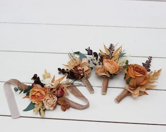 Rust brown ivory flowers  Fall wedding Fiance Groom Groomsmen buttonhole Mother wrist corsage Wedding accessories Boho wedding