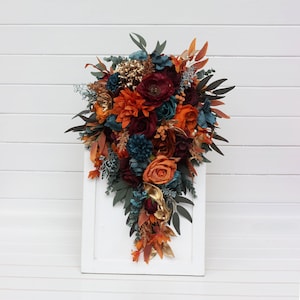 Teal rust gold cascading bouquet Orange burgundy bridal bouquet  Fall wedding Boho wedding Halloween wedding Jewel tone wedding Faux flowers