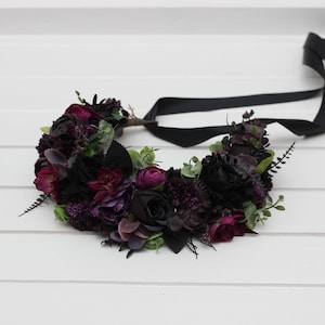 Halloween flower crown Purple black magenta wedding Bridal headpiece  Hair wreath Bridesmaid crown Maternity crown Gothic flower crown