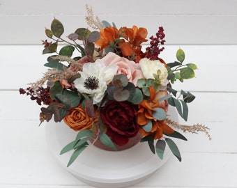 Burgundy rust ivory cinnamon flowers Table centerpiece Home floral decor Flowers in box  Table decoration Flower arrangement Hat box