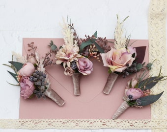 Mauve blush pink flower accessories Boutonniere Flower crown Wrist corsage Groom Wedding accessories Boho wedding