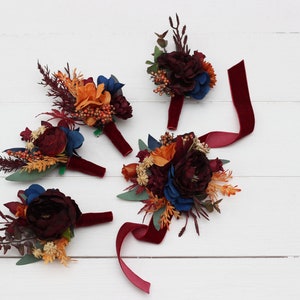 Rust orange burgundy navy blue flowers Burgundy fall wedding Flower accessories Boutonniere Buttonhole Groom Groomsmen Corsage