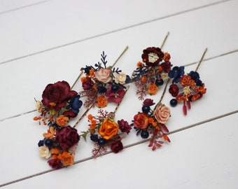 2-5 days to USA Set of 7 pins Orange burgundy navy blue Fall wedding  Bridal flowers Flower hair pins Floral hairpiece Bridesmaid-0042