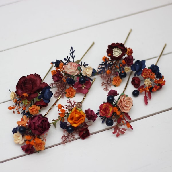 Set of 7 pins Orange burgundy navy blue Fall wedding Hair accessories Bridal flowers Flower hair pins Floral hair pins Hairpiece Bridesmaid