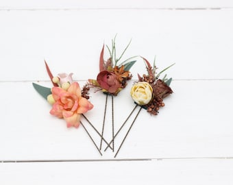 2-5 days to USA Set of 3 hair pins Terracotta rust peach hair pins  Hair accessories Bridal flowers Floral hair pins Bridesmaid-0038